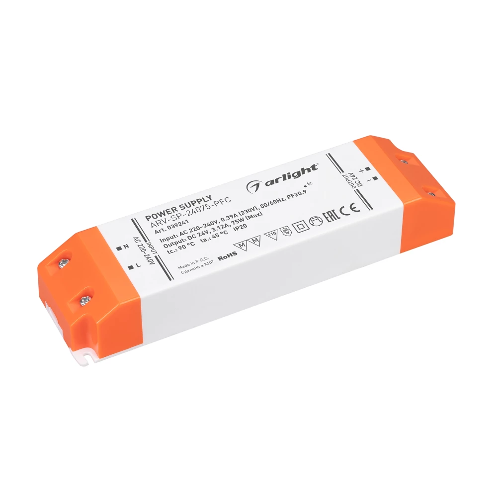 Блок питания ARV-SP-24075-PFC (24V, 3.12A, 75W) (Arlight, IP20 Пластик, 5 лет) 039241 - Viokon.com