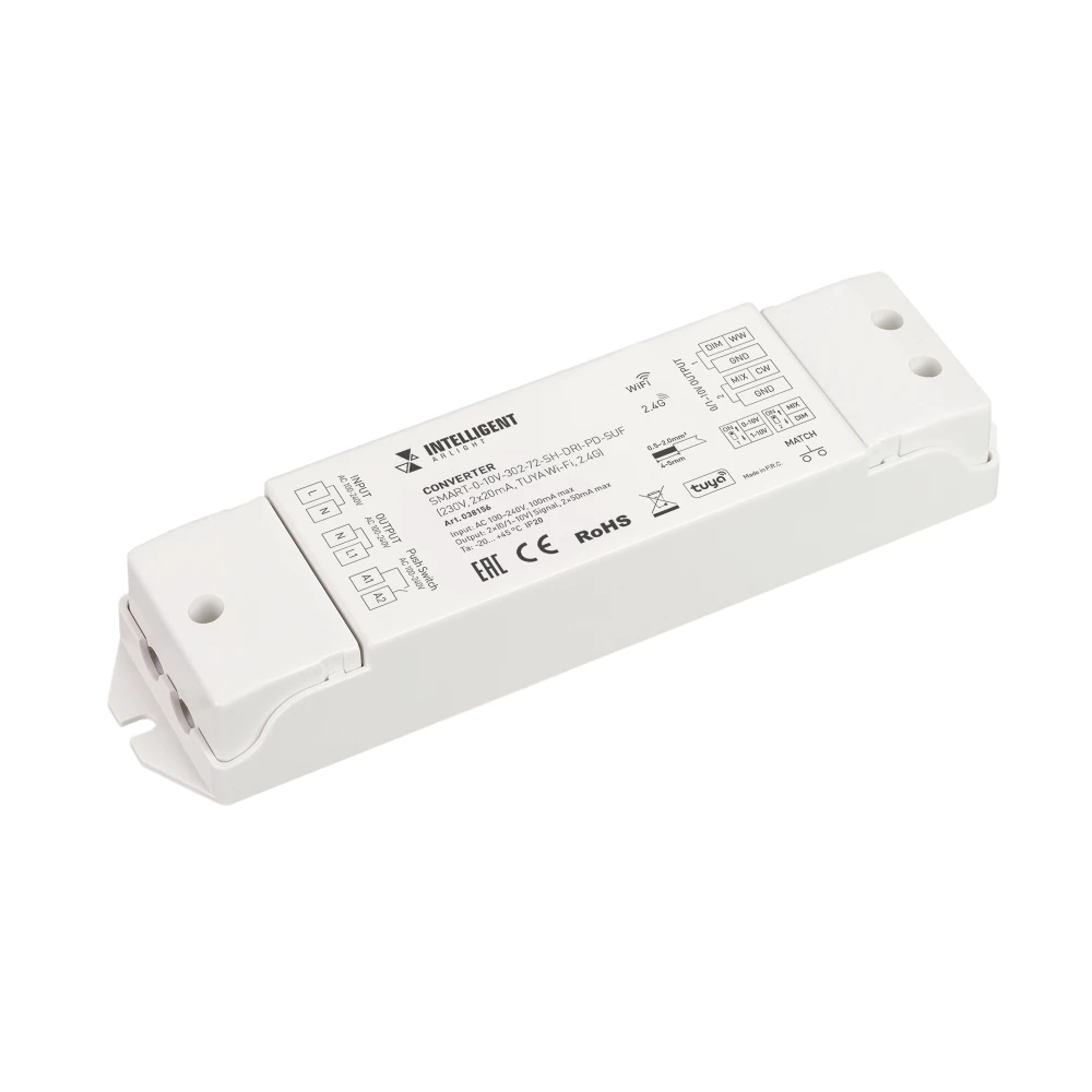 INTELLIGENT ARLIGHT Конвертер SMART-0-10V-302-72-SH-DRI-PD-SUF (230V, 2x20mA, TUYA Wi-Fi, 2.4G) (IARL, IP20 Пластик, 5 лет) 038156 - Viokon.com