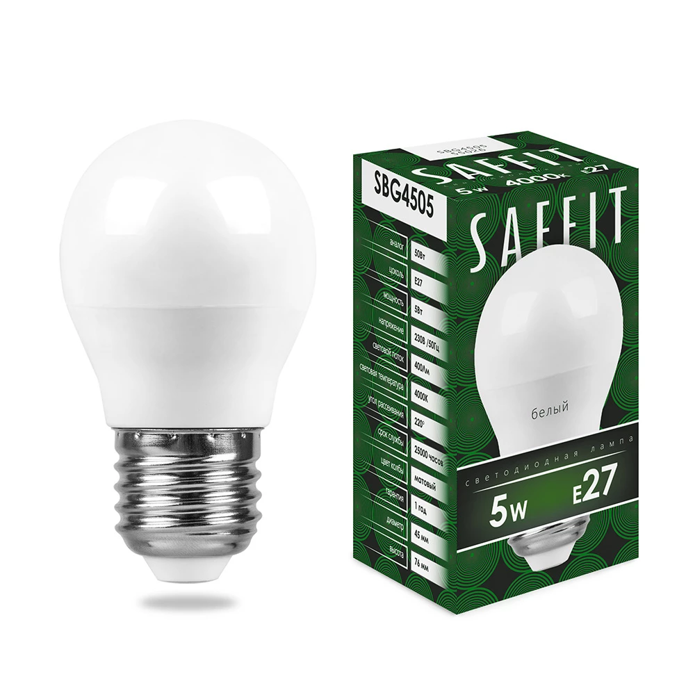 Лампа светодиодная SAFFIT SBG4505 Шарик E27 5W 230V 4000K (55026) - Viokon.com