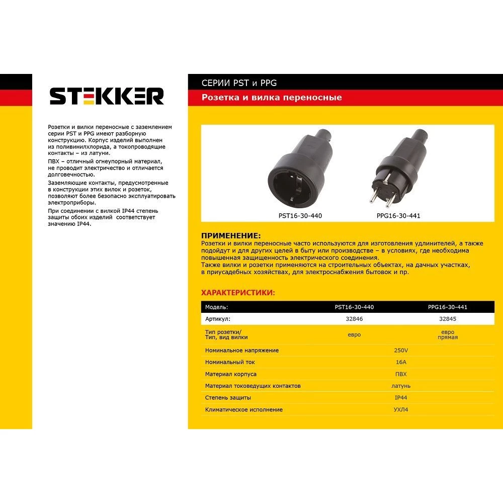 Вилка STEKKER PPG16-30-441 прямая с заземляющим контактом, пластик 250В, 16A, IP44, черная (32845) - Viokon.com