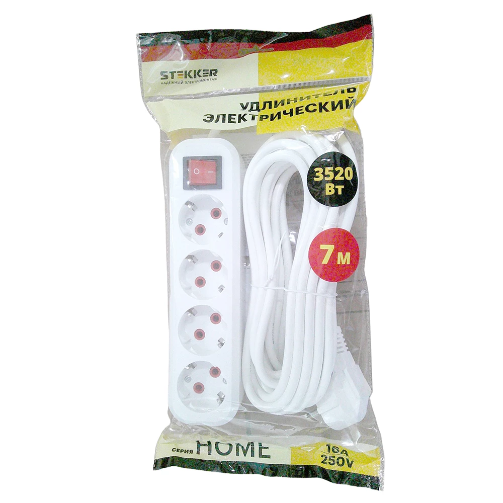 Удлинитель четырехместный с/з  с выключ. STEKKER HM07-41-07 3x1мм2, 7м, серия Home (У16А-003), белый (49361) - Viokon.com