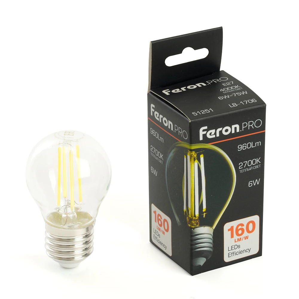 Лампа светодиодная Feron.PRO LB-1706 Шарик E27 960LM 6W 175-265V 2700K (51250) - Viokon.com