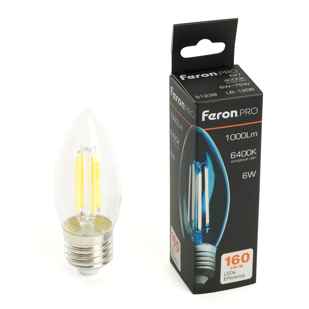 Лампа светодиодная Feron.PRO LB-1206 Свеча E27 1000LM 6W 175-265V 6400K (51240) - Viokon.com