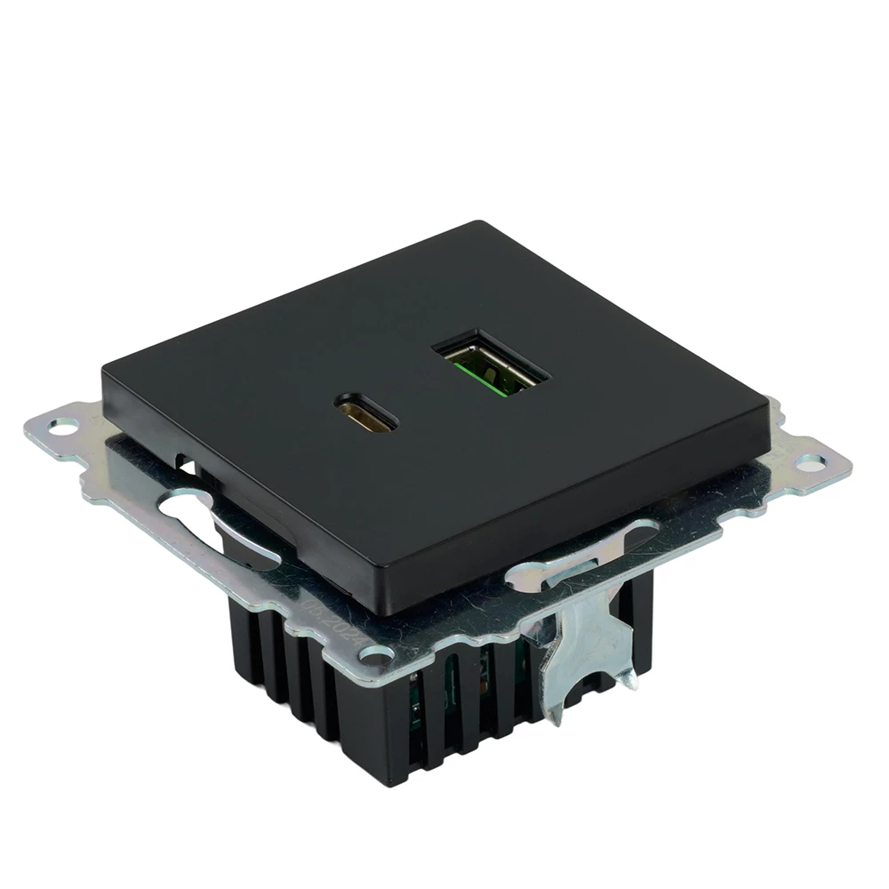Розетка 2-местная USB + type C (механизм), STEKKER GLS10-7116-05, 250B, 3А, серия Катрин, черный (50055) - Viokon.com