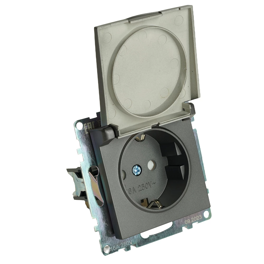 Розетка 1-местная с/з с крышкой (механизм), STEKKER GLS16-7112-04, 250В, 16А с защитной шторкой, серия Катрин, графит (49424) - Viokon.com