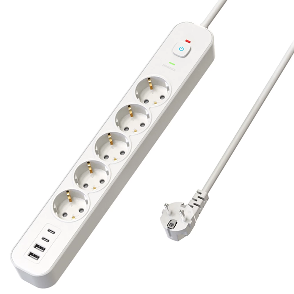 Сетевой фильтр 5-местный с/з STEKKER3x1мм2, 1,8 м, 250В, 16А, 2 USB-A+2 Type-C, серия Nova, белый (50102) - Viokon.com