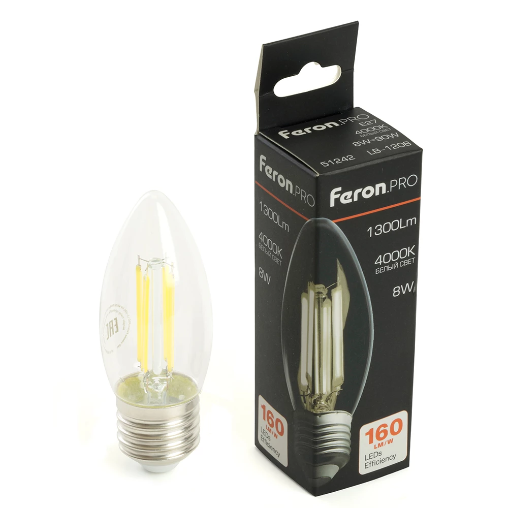Лампа светодиодная Feron.PRO LB-1208 Свеча E27 1300LM 8W 175-265V 4000K (51242) - Viokon.com
