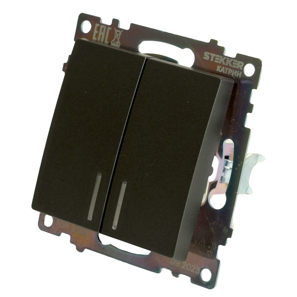 Выключатель 2-клавишный c индикатором (механизм) 250В, 10А, серия Катрин, графит, GLS10-7102-06 (49409) - Viokon.com