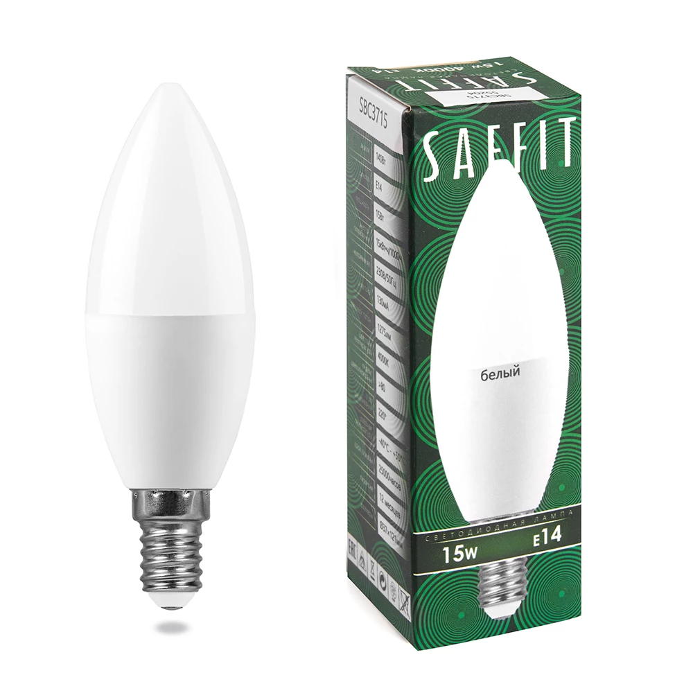 Лампа светодиодная SAFFIT SBC3715 Свеча E14 15W 230V 4000K (55204) - Viokon.com