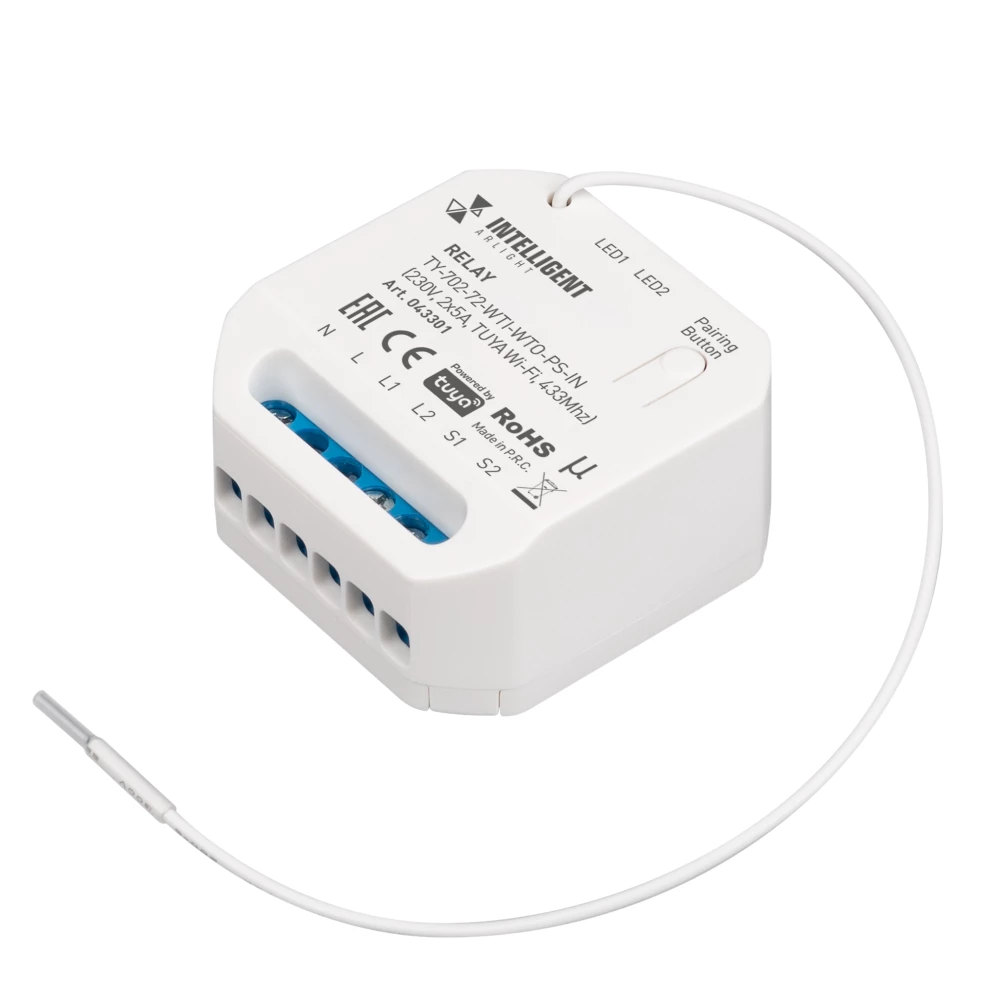 INTELLIGENT ARLIGHT Релейный модуль TY-702-72-WTI-WTO-PS-IN (230V, 2x5A, TUYA Wi-Fi, 433Mhz) (IARL, IP20 Пластик, 3 года) 043301 - Viokon.com