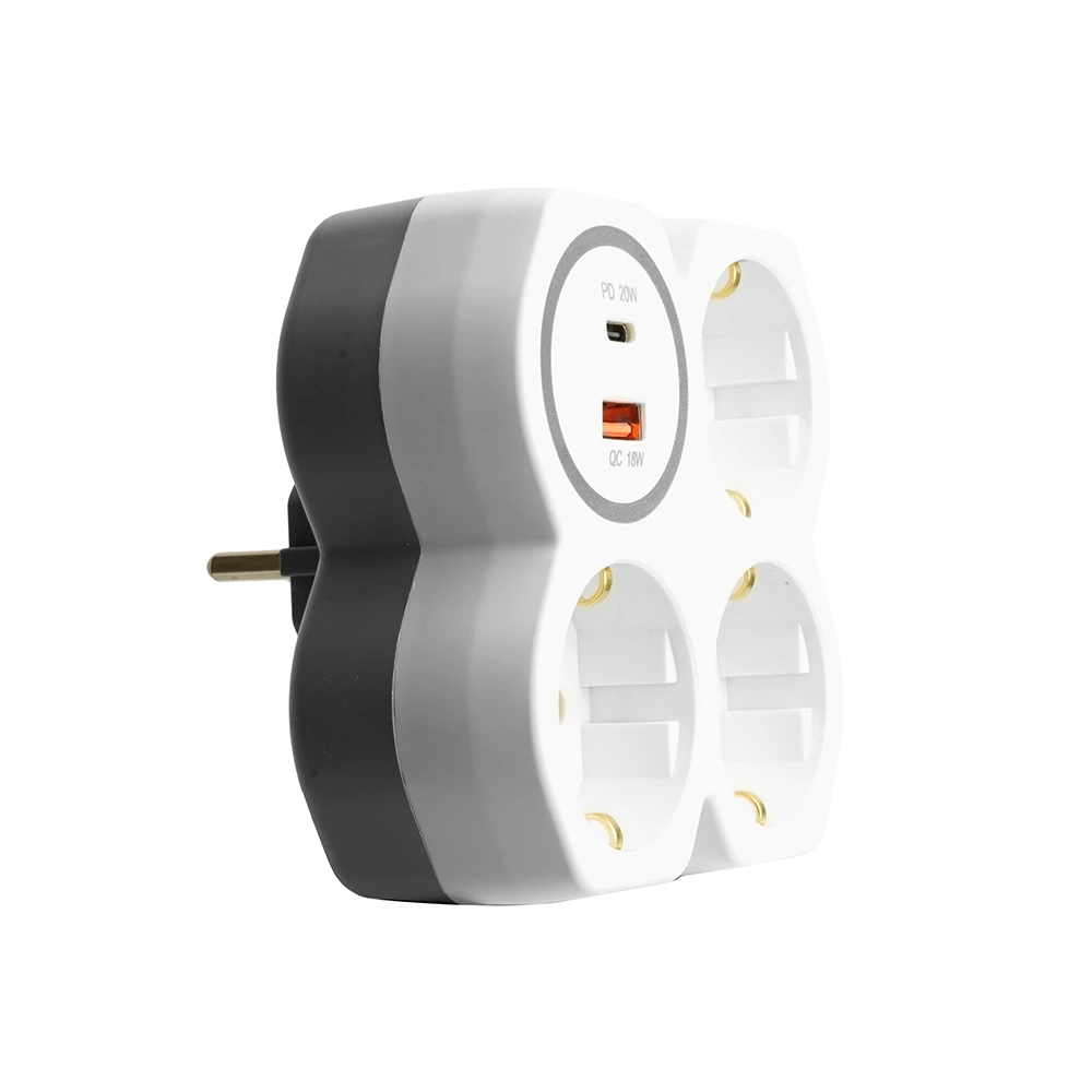 Разветвитель сетевой на 3 выхода с/з, STEKKER, 250В, 16А, USB A+Type C, 2,4А, PD, белый/серый ADP16-17-20 (50110) - Viokon.com