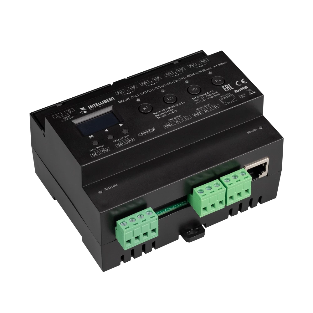 INTELLIGENT ARLIGHT Релейный модуль DALI-SWITCH-708-82-4G-D2-DRO-RDM-DIN Black (230V, 4x10A, DMX512) (IARL, IP20 Пластик, 5 лет) 050430 - Viokon.com