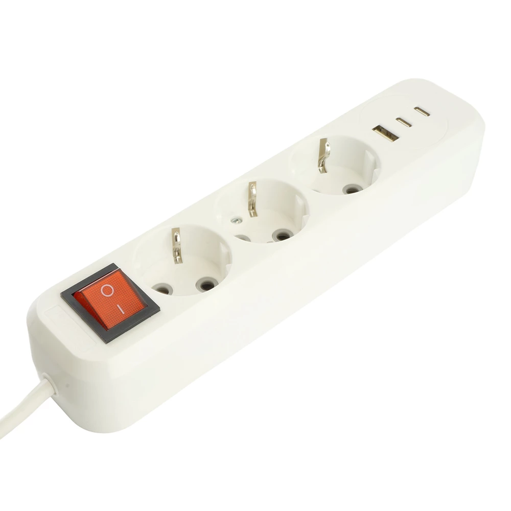 Удлинитель 3-местный с/з с выключ. STEKKER HM071-31-02 3x1мм2, 2м, 250В, 16А, 1USB+2C, 2.4A, сер Home, белый (50136) - Viokon.com