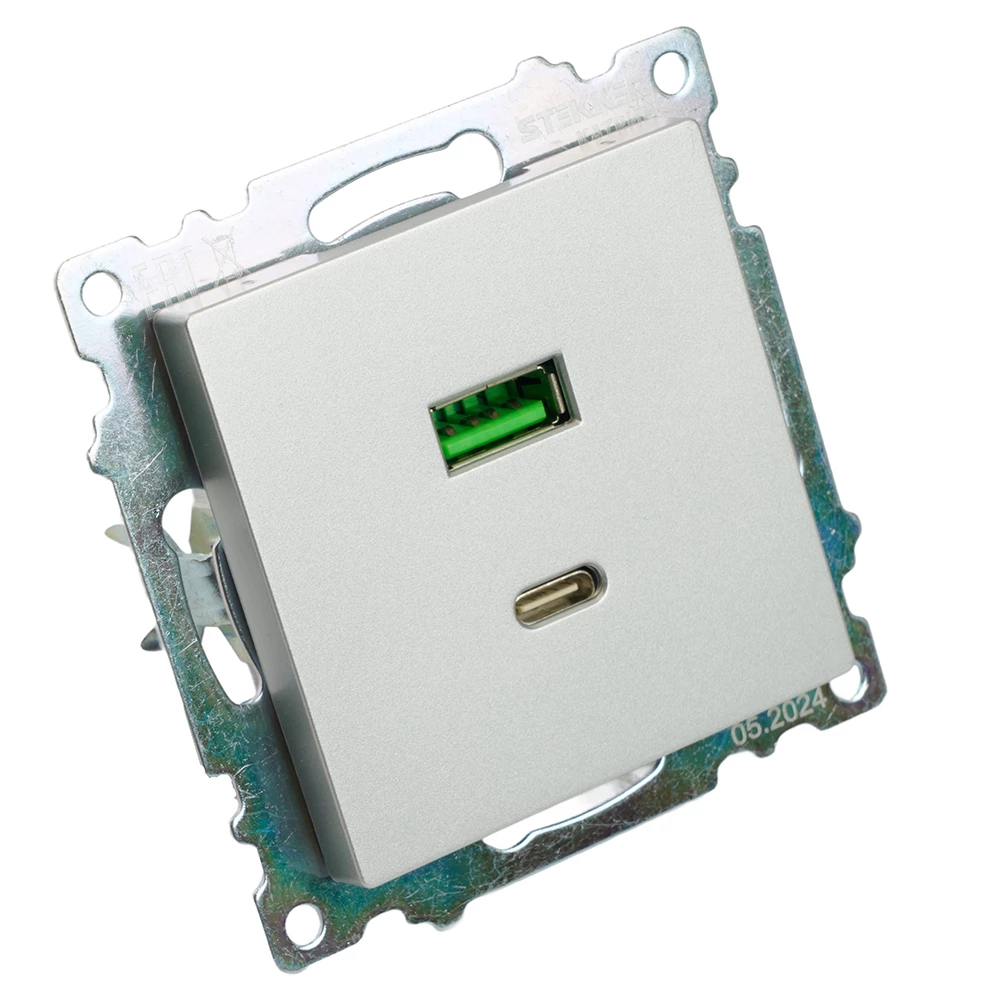 Розетка 2-местная USB + type C (механизм)), STEKKER GLS10-7116-03 , 250B, 3А, max 20W, серия Катрин, серебро (50054) - Viokon.com