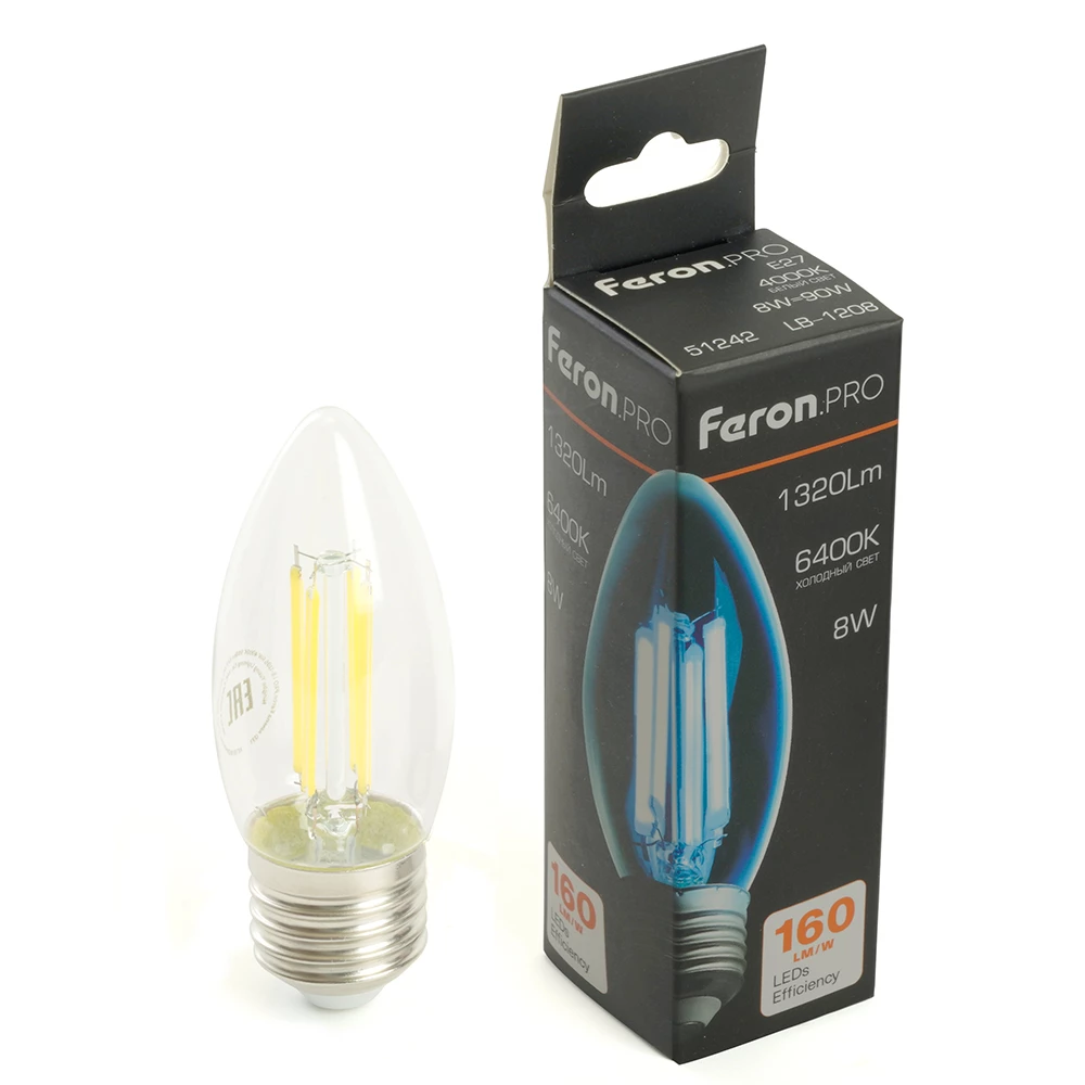 Лампа светодиодная Feron.PRO LB-1208 Свеча E27 1320LM 8W 175-265V 6400K (51243) - Viokon.com