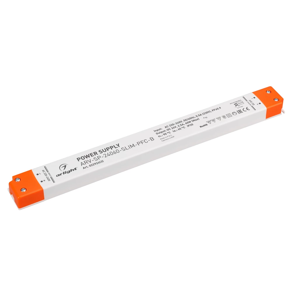 Блок питания ARV-SP-24060-SLIM-PFC-B (24V, 2.5A, 60W) (Arlight, IP20 Пластик, 5 лет) 022924(3) - Viokon.com