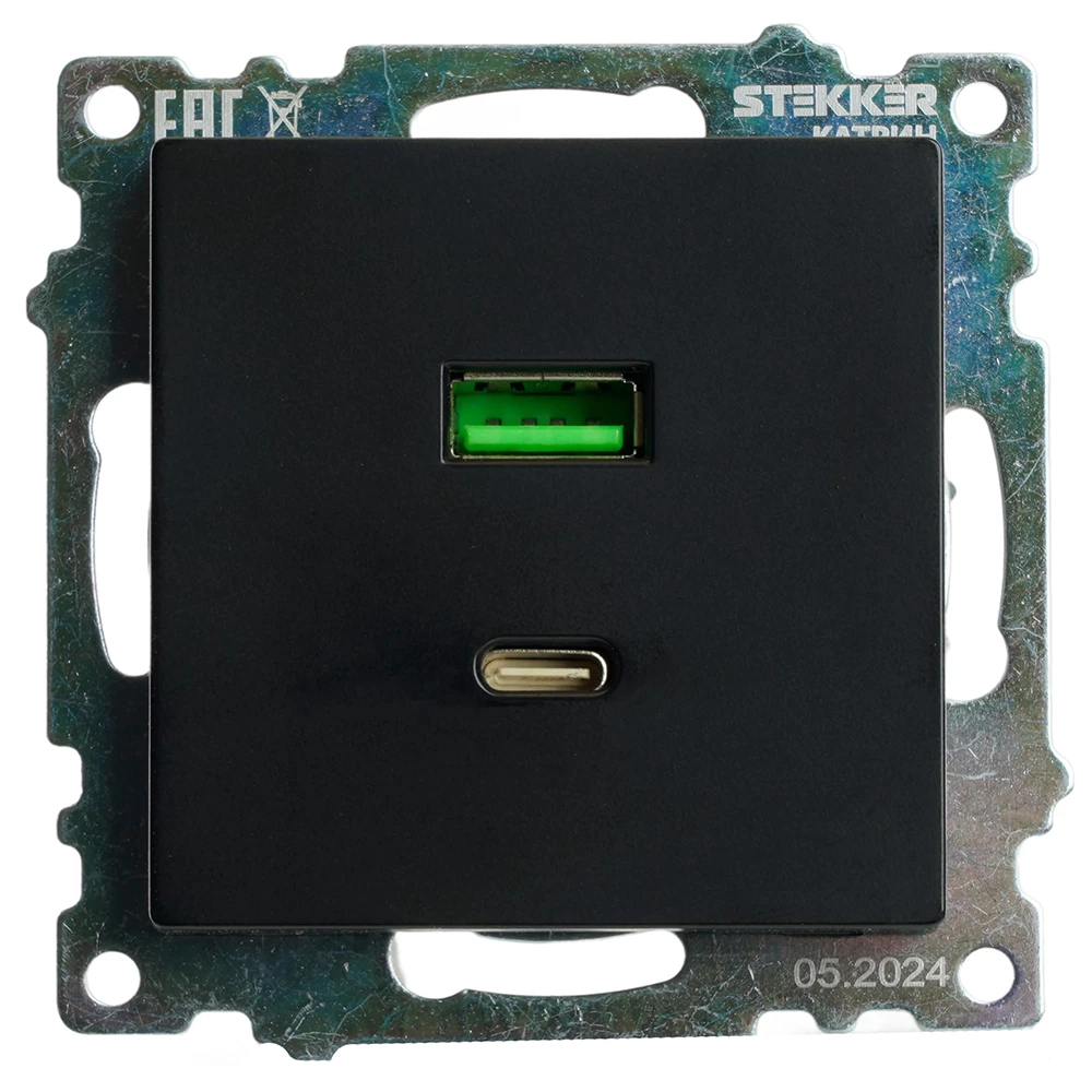 Розетка 2-местная USB + type C (механизм), STEKKER GLS10-7116-05, 250B, 3А, серия Катрин, черный (50055) - Viokon.com