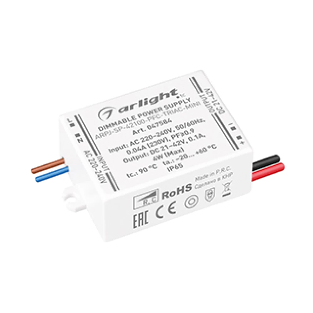Блок питания ARPJ-SP-42100-PFC-TRIAC-MINI (4W, 21-42V, 100mA) (Arlight, IP65 Пластик, 5 лет) 047584 - Viokon.com