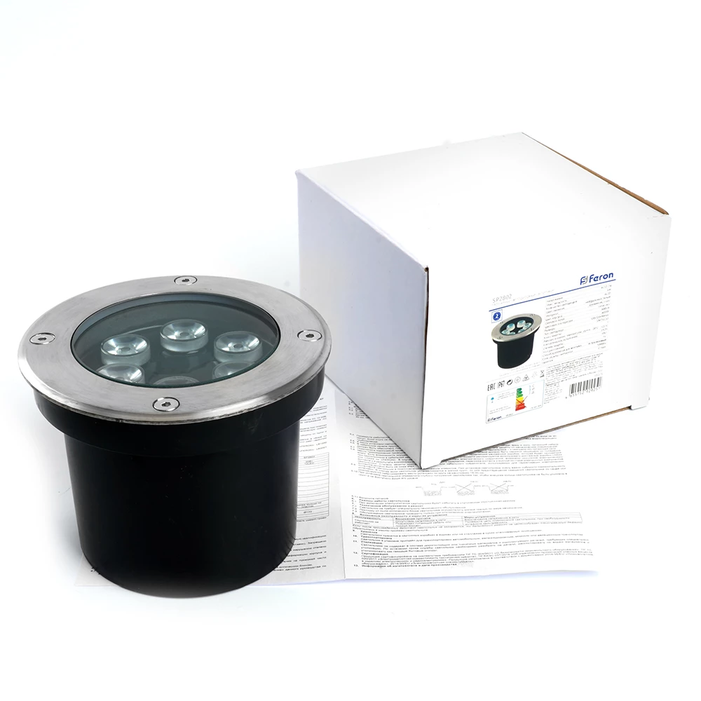 Светодиодный светильник тротуарный (грунтовый) Feron SP2802, 6W, AC/DC12-24V, низковольтный, 3000К, металлик, D120*H90mm, вн.диаметр: 90mm, IP67 (48453) - Viokon.com