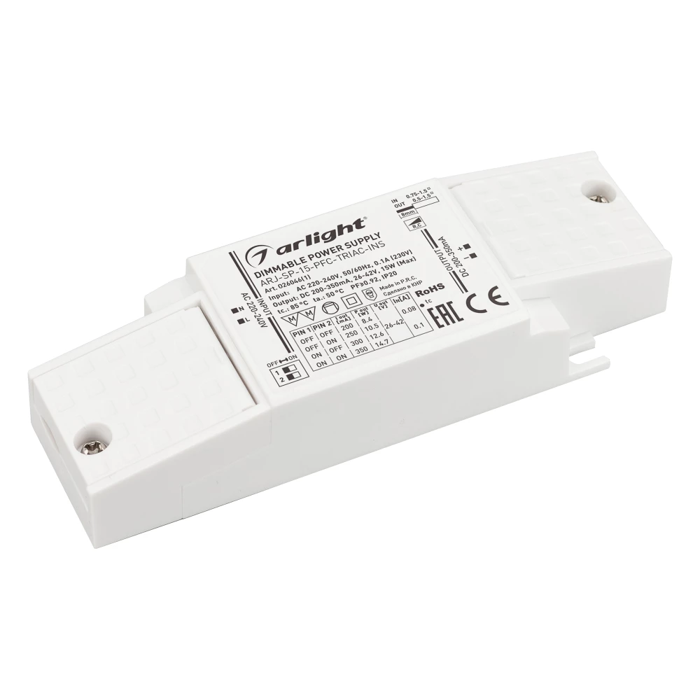 Блок питания ARJ-SP-15-PFC-TRIAC-INS (15W, 26-42V, 0.2-0.35A) (Arlight, IP20 Пластик, 5 лет) 026046(1) - Viokon.com
