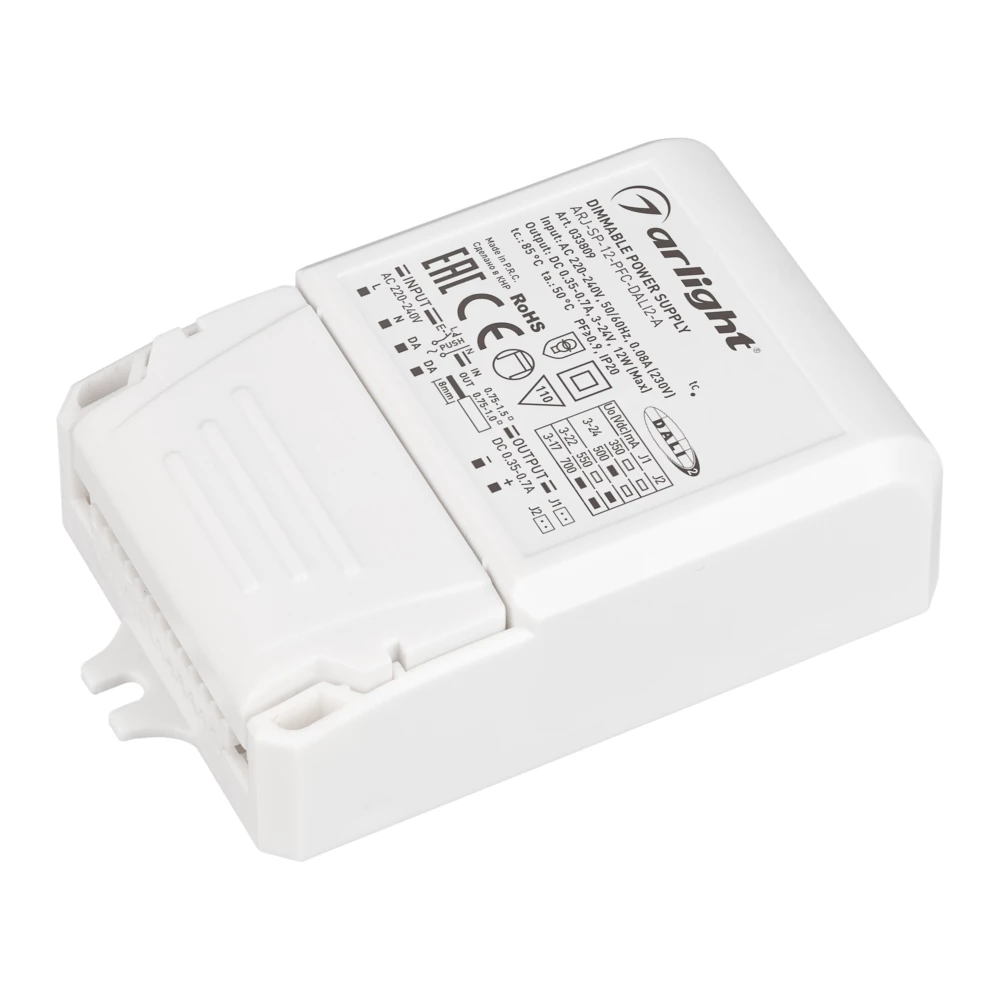 Блок питания ARJ-SP-12-PFC-DALI2-A (12W, 3-24V, 0.35-0.7A) (Arlight, IP20 Пластик, 5 лет) 033809 - Viokon.com