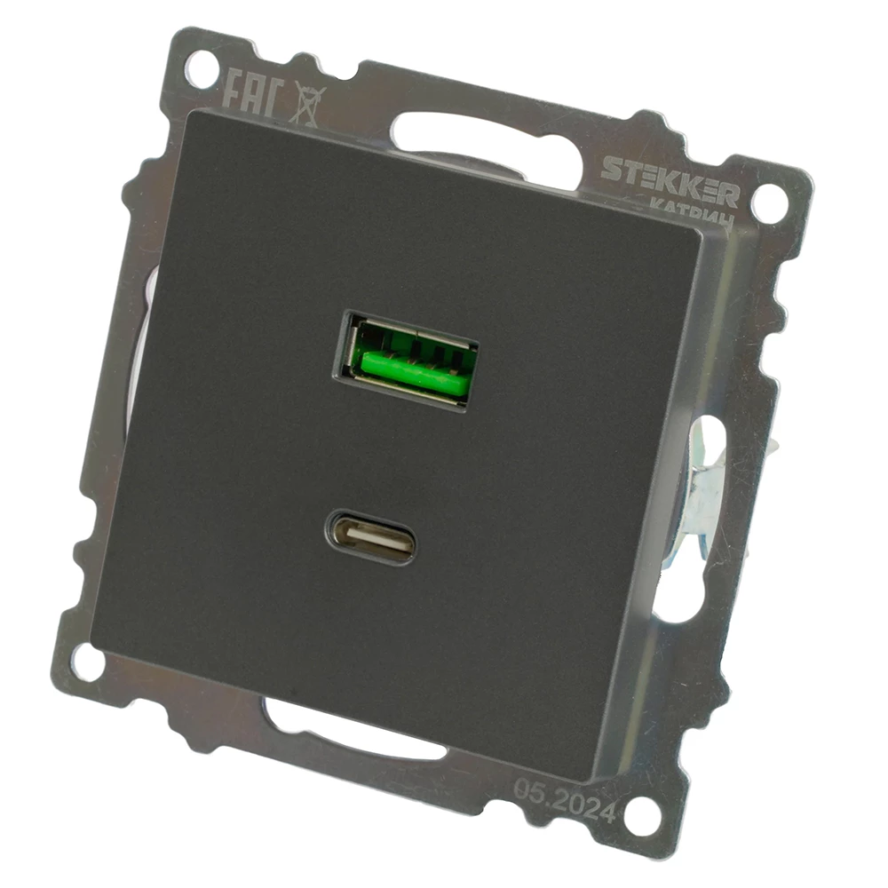 Розетка 2-местная USB + type C (механизм), 250В, 3А, max 20W, серия Катрин, графит, GLS10-7116-06 (50052) - Viokon.com