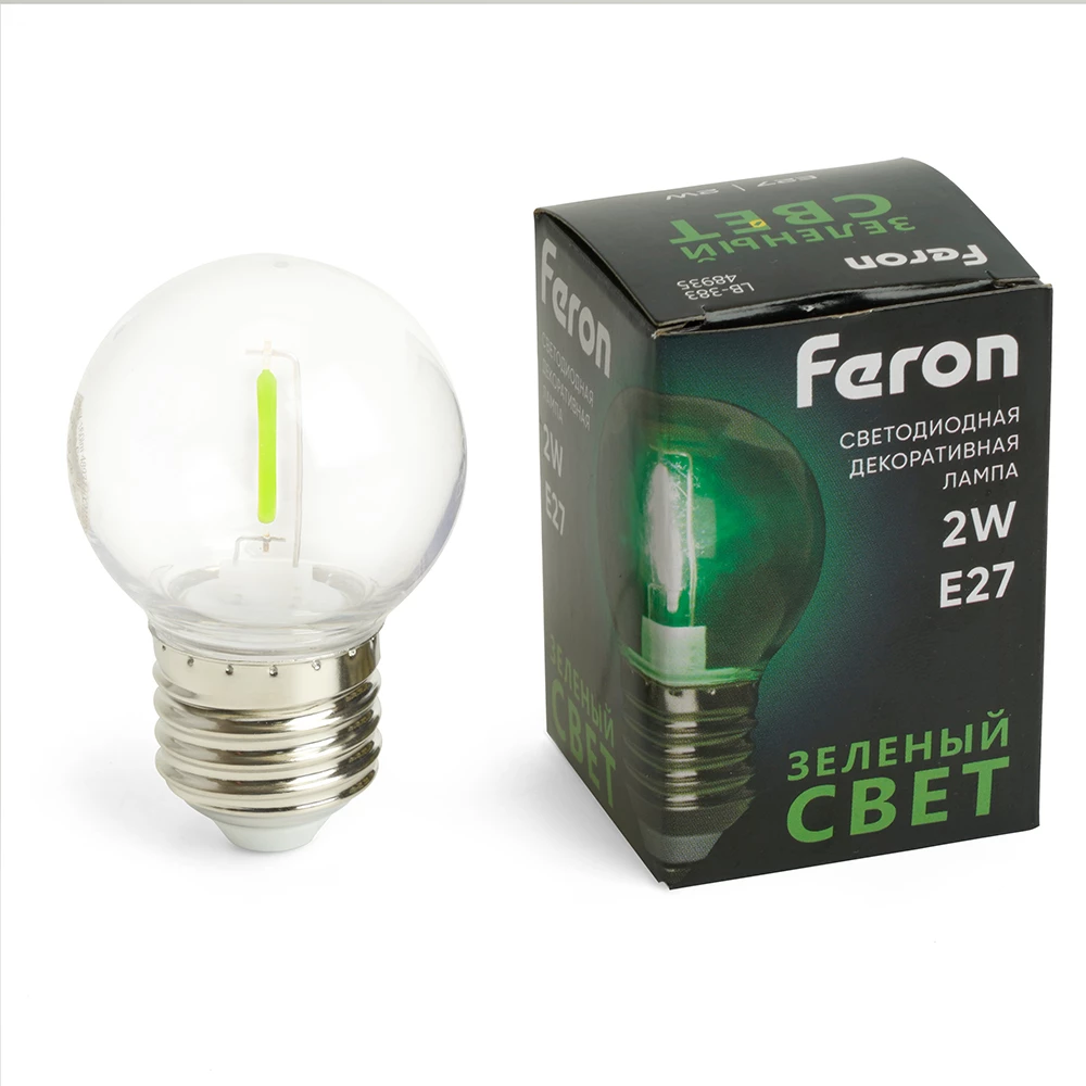 Лампа светодиодная Feron LB-383 Шарик прозрачный E27 2W 230V зеленый (48935) - Viokon.com