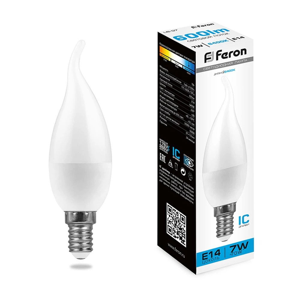 Лампа светодиодная Feron LB-97 Свеча на ветру E14 7W 175-265V 6400K (38135) - Viokon.com