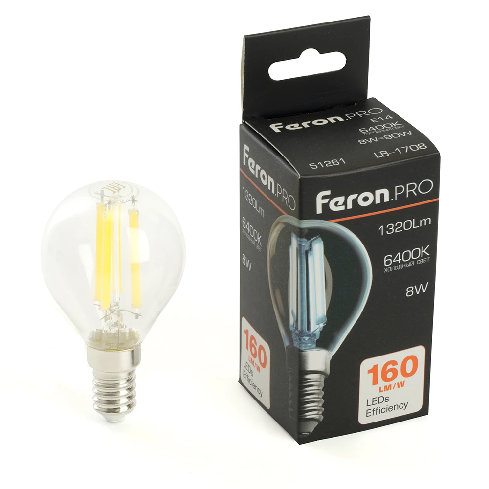 Лампа светодиодная Feron.PRO LB-1708 Шарик E14 1320LM 8W 175-265V 6400K (51261) - Viokon.com