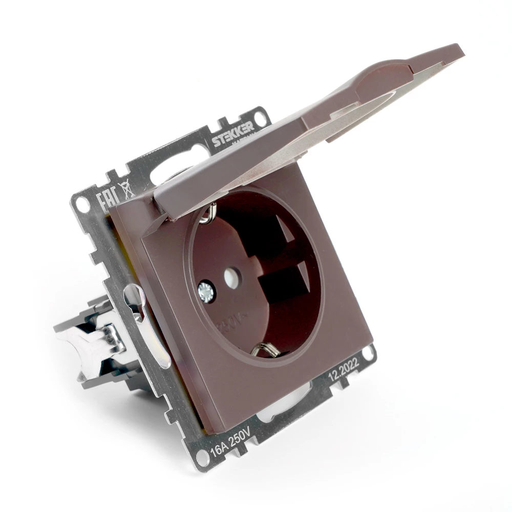 Розетка 1-местная с/з с крышкой (механизм), STEKKER GLS16-7112-04, 250В, 16А с защитной шторкой, серия Катрин, шоколад (49029) - Viokon.com