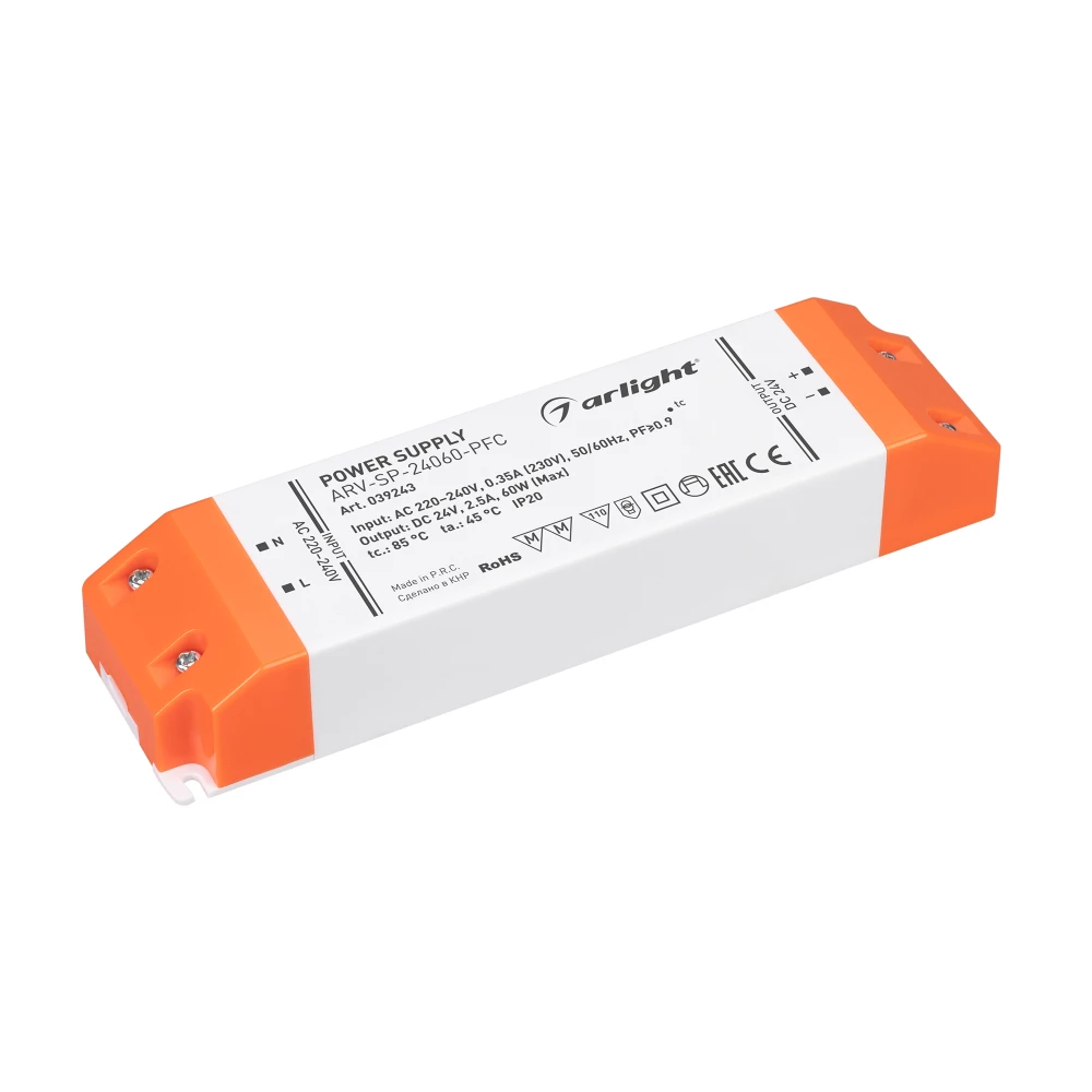 Блок питания ARV-SP-24060-PFC (24V, 2.5A, 60W) (Arlight, IP20 Пластик, 5 лет) 039243 - Viokon.com