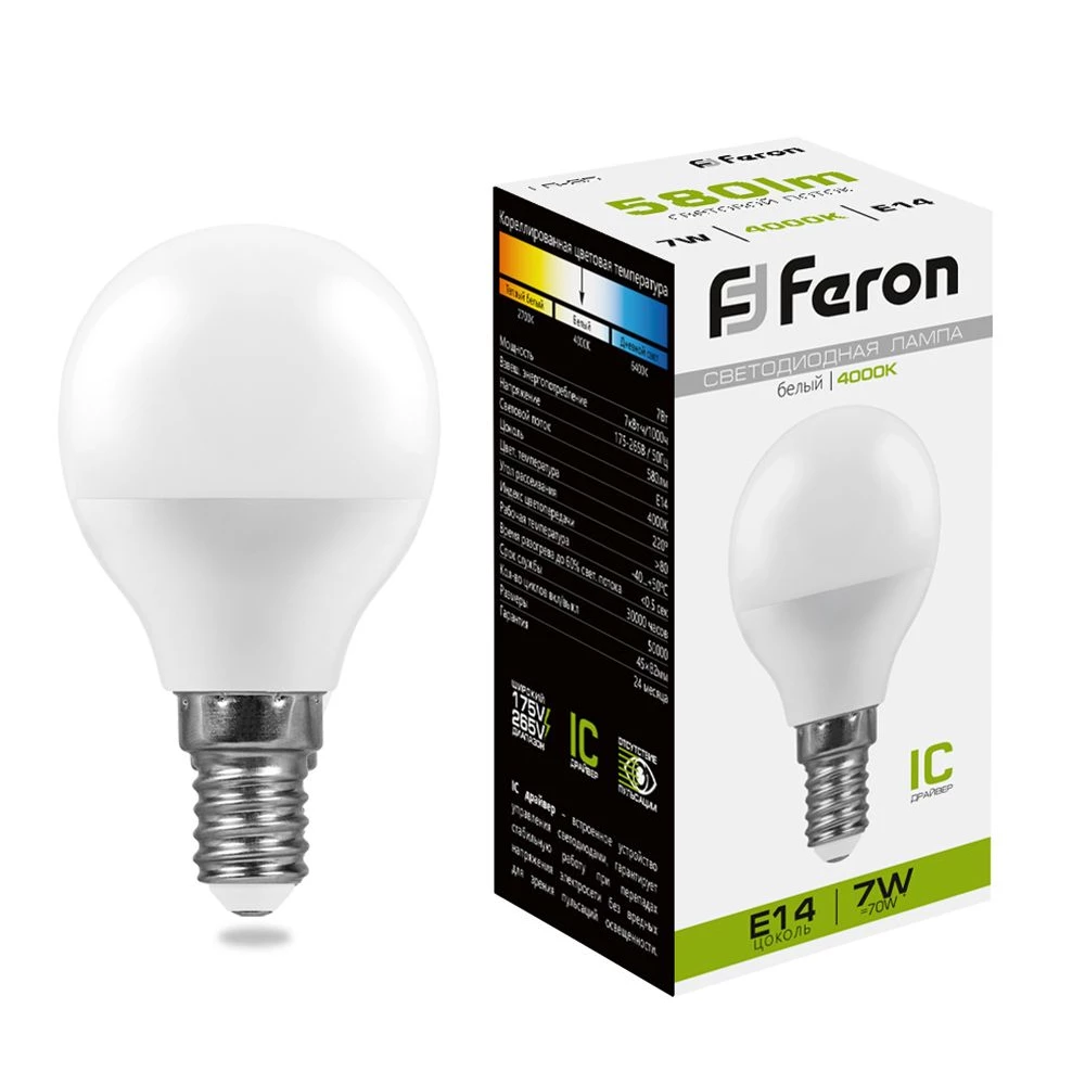 Лампа светодиодная Feron LB-95 Шарик E14 7W 175-265V 4000K (25479) - Viokon.com