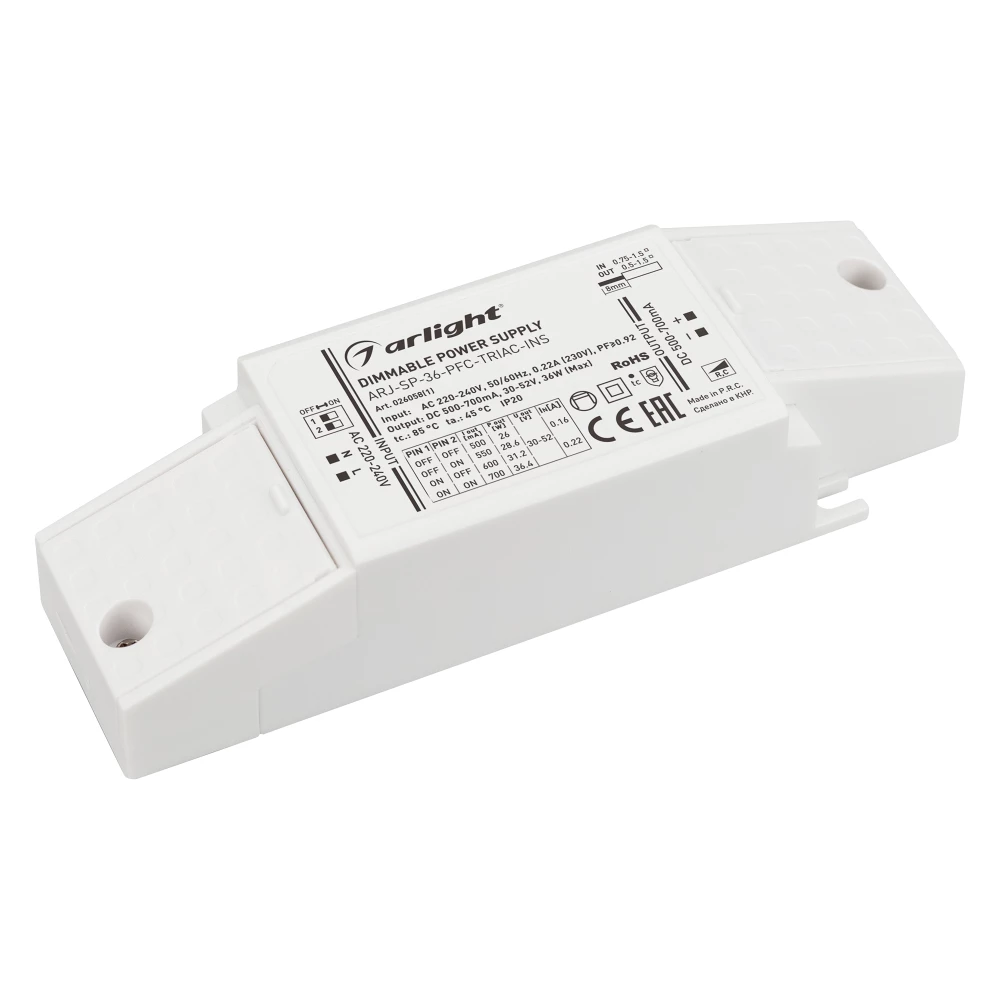 Блок питания ARJ-SP-36-PFC-TRIAC-INS (36W, 30-52V, 0.5-0.7A) (Arlight, IP20 Пластик, 5 лет) 026058(1) - Viokon.com