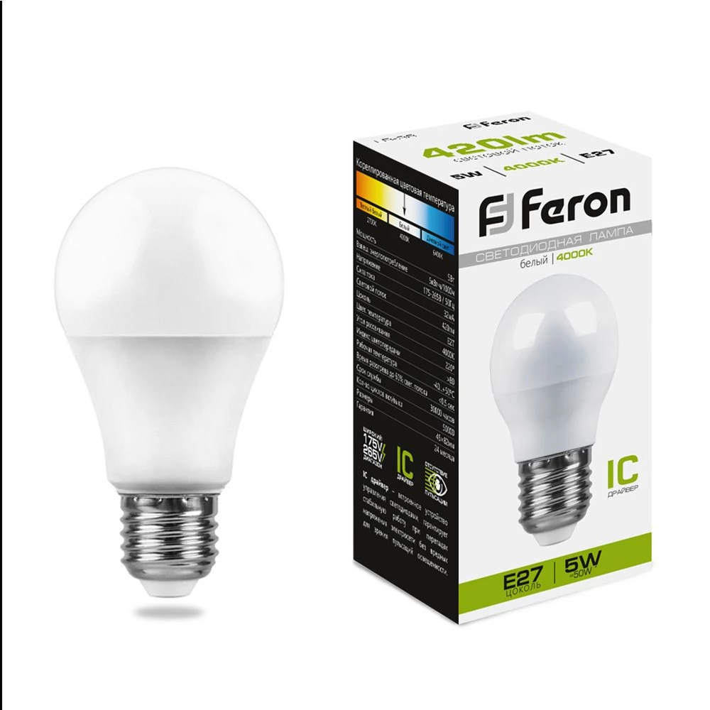 Лампа светодиодная Feron LB-38 Шарик E27 5W 175-265V 4000K (25405) - Viokon.com