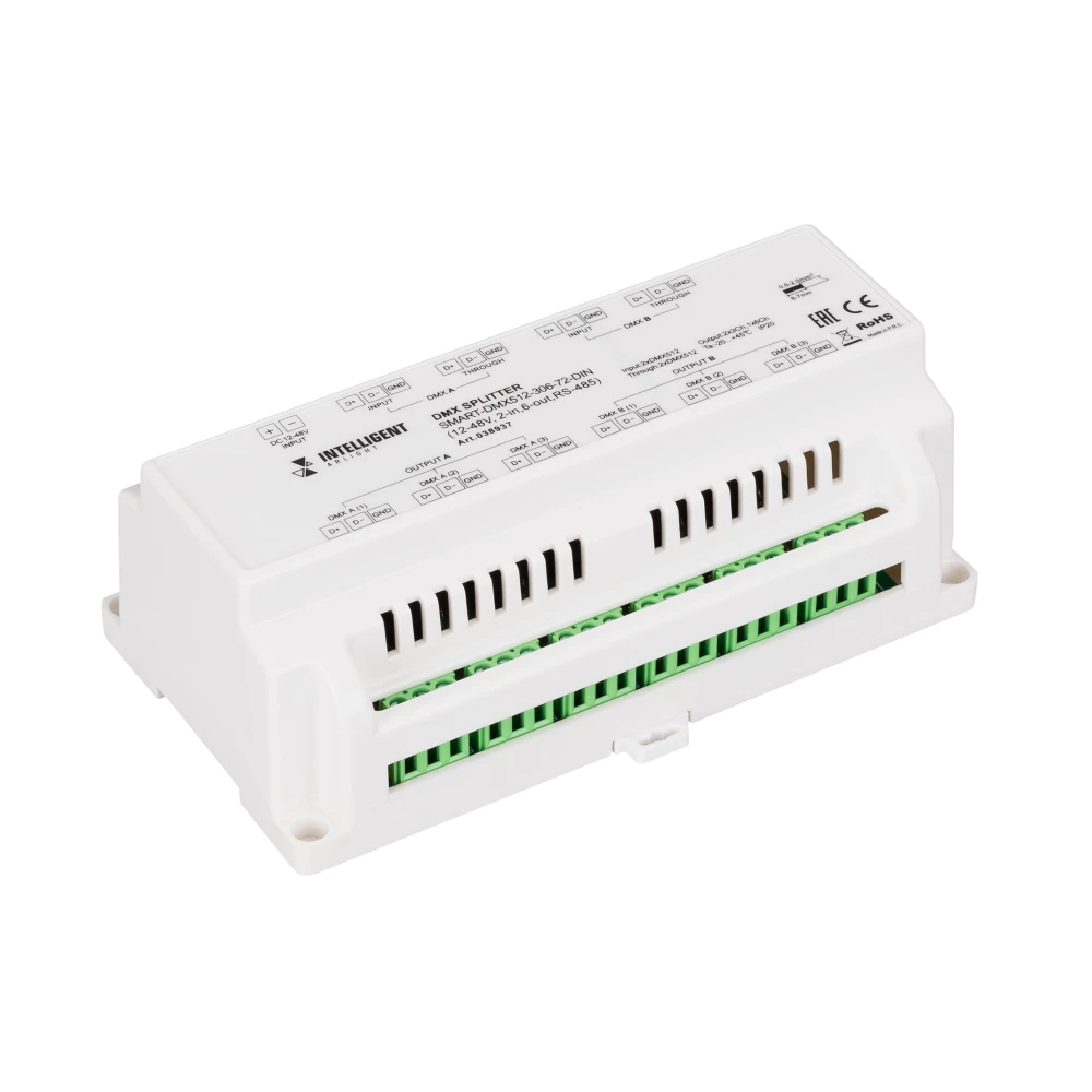 INTELLIGENT ARLIGHT Сплиттер SMART-DMX512-306-72-DIN (12-48V, 2-in, 6-out, RS-485) (IARL, IP20 Металл, 5 лет) 038937 - Viokon.com
