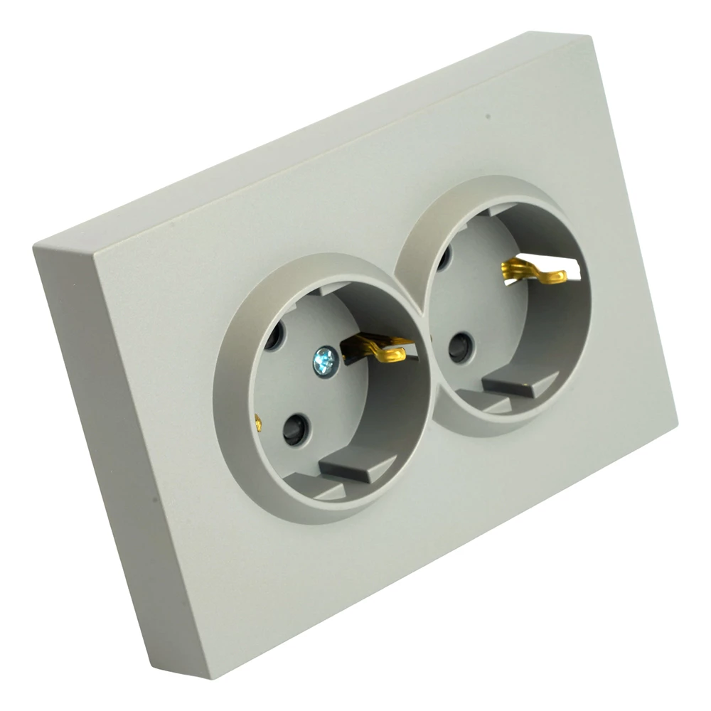 Розетка 2-местная с защитной шторкой, STEKKER, с/з, 250В, 16А, серия Эмили, RST16-5114-10, платиново-серый, soft touch (49960) - Viokon.com