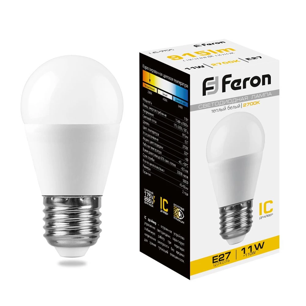 Лампа светодиодная Feron LB-750 Шарик E27 11W 175-265V 2700K (25949) - Viokon.com