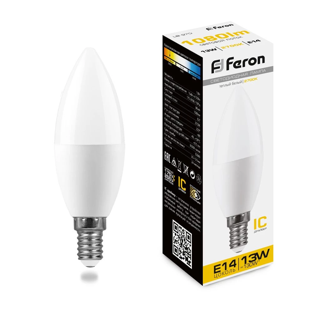 Лампа светодиодная Feron LB-970 Свеча E14 13W 175-265V 2700K (38107) - Viokon.com