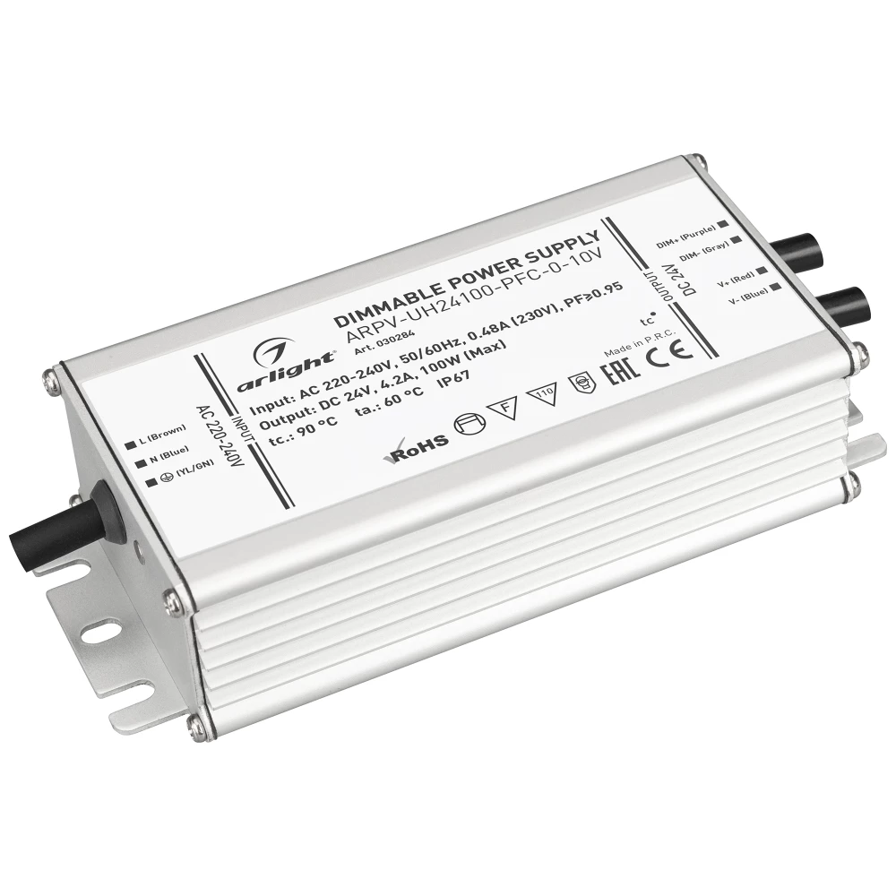 Блок питания ARPV-UH24100-PFC-0-10V (24V, 4.2A, 100W) (Arlight, IP67 Металл, 7 лет) 030284 - Viokon.com