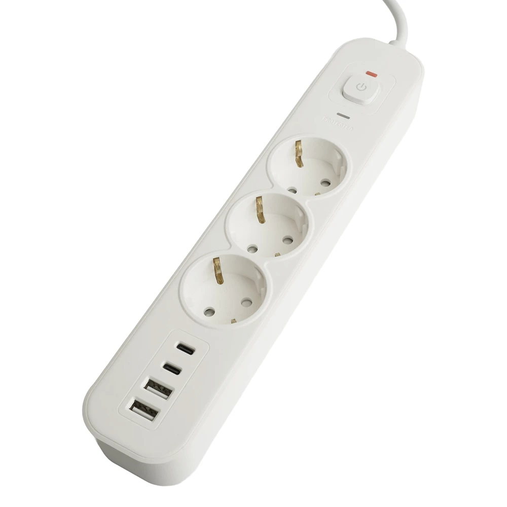 Сетевой фильтр 3-местный с/з STEKKER 3x1мм2, 1,8 м, 250В, 16А, 2 USB-A+2 Type-C, серия Nova, белый (50099) - Viokon.com