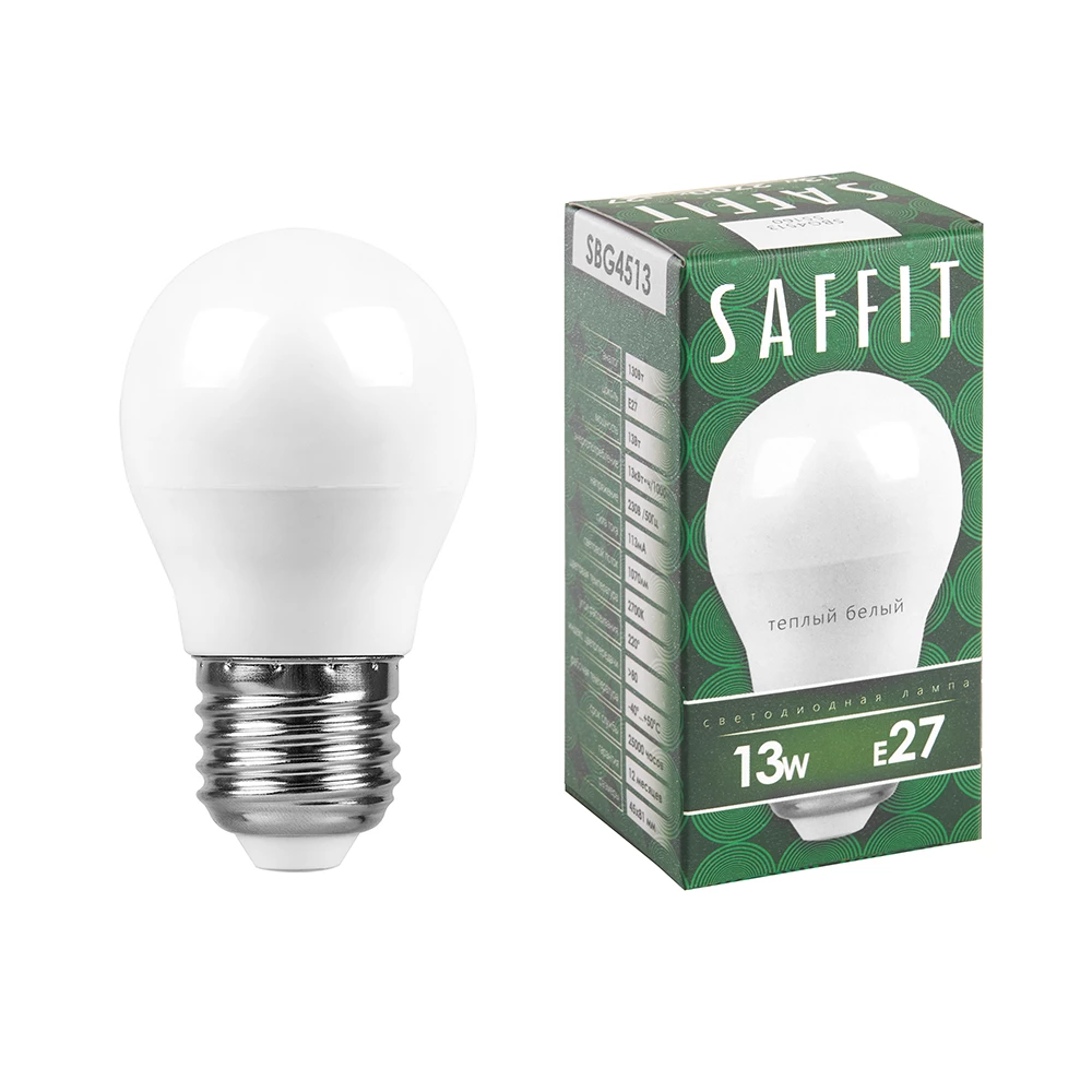 Лампа светодиодная SAFFIT SBG4513 Шарик E27 13W 230V 2700K (55160) - Viokon.com