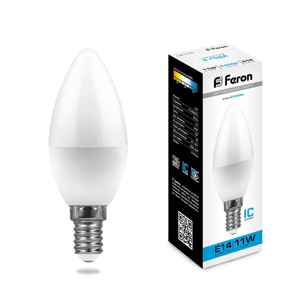 Лампа светодиодная Feron LB-770 Свеча E14 11W 175-265V 6400K (25943) - Viokon.com