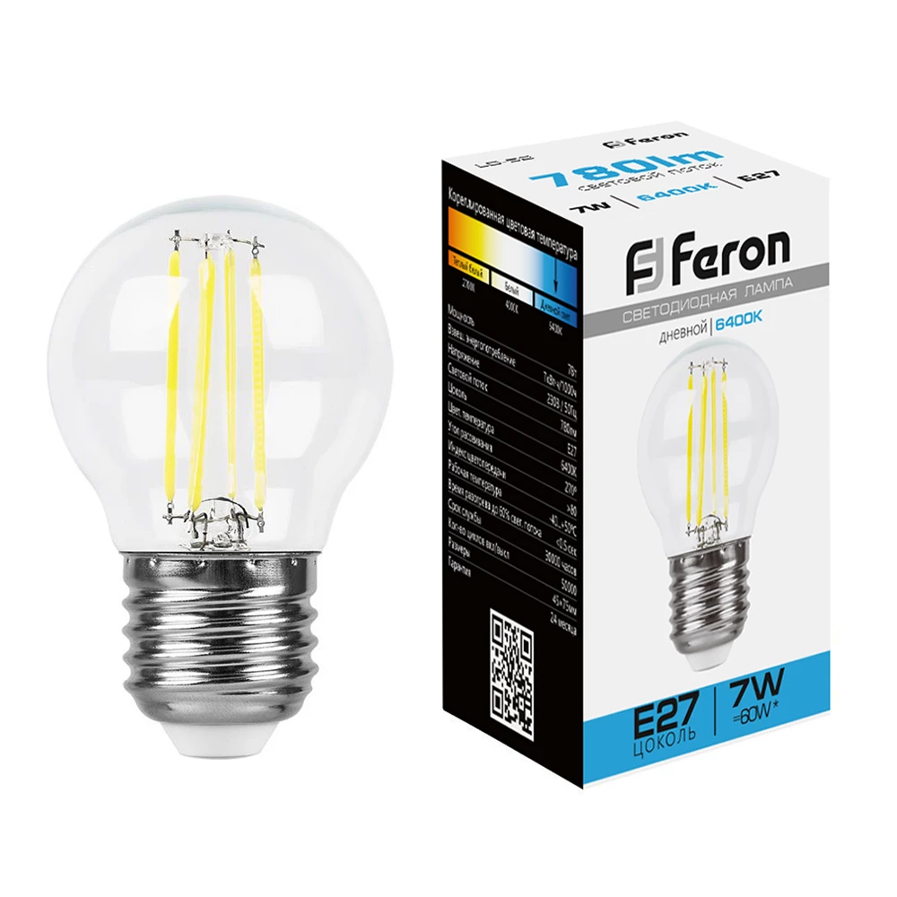 Лампа светодиодная Feron LB-52 Шарик E27 7W 230V 6400K (38222) - Viokon.com