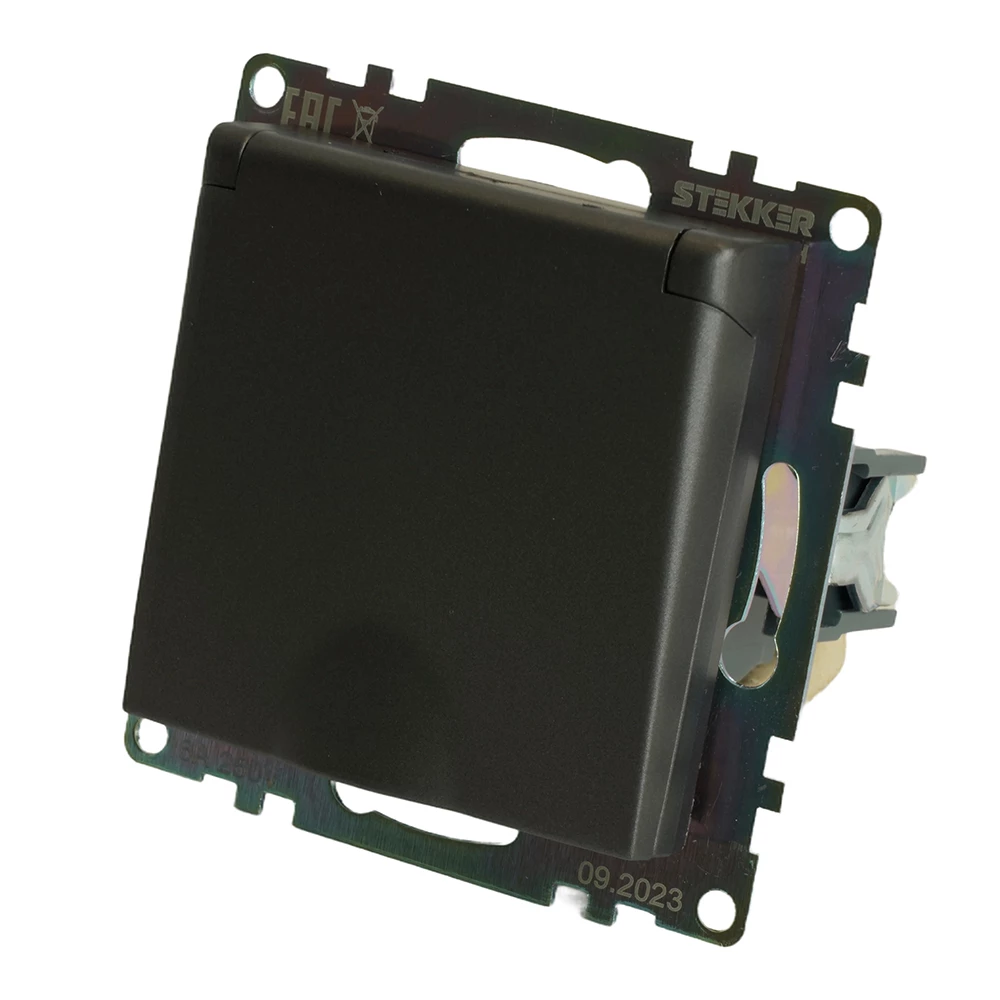 Розетка 1-местная с/з с крышкой (механизм), STEKKER GLS16-7112-04, 250В, 16А с защитной шторкой, серия Катрин, графит (49424) - Viokon.com