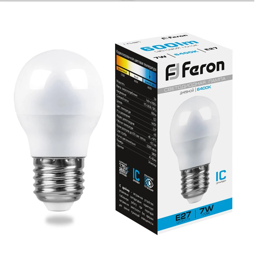 Лампа светодиодная Feron LB-95 Шарик E27 7W 175-265V 6400K (25483) - Viokon.com