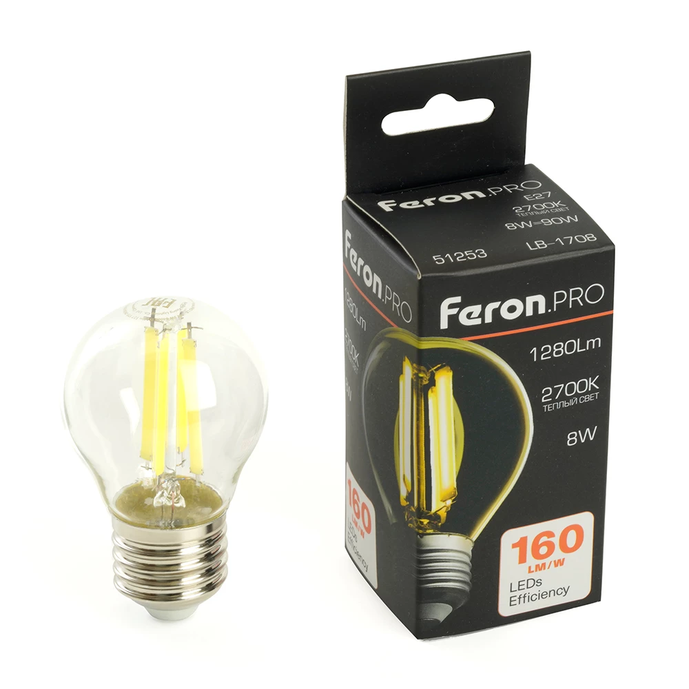 Лампа светодиодная Feron.PRO LB-1708 Шарик E27 1280LM 8W 175-265V 2700K (51253) - Viokon.com