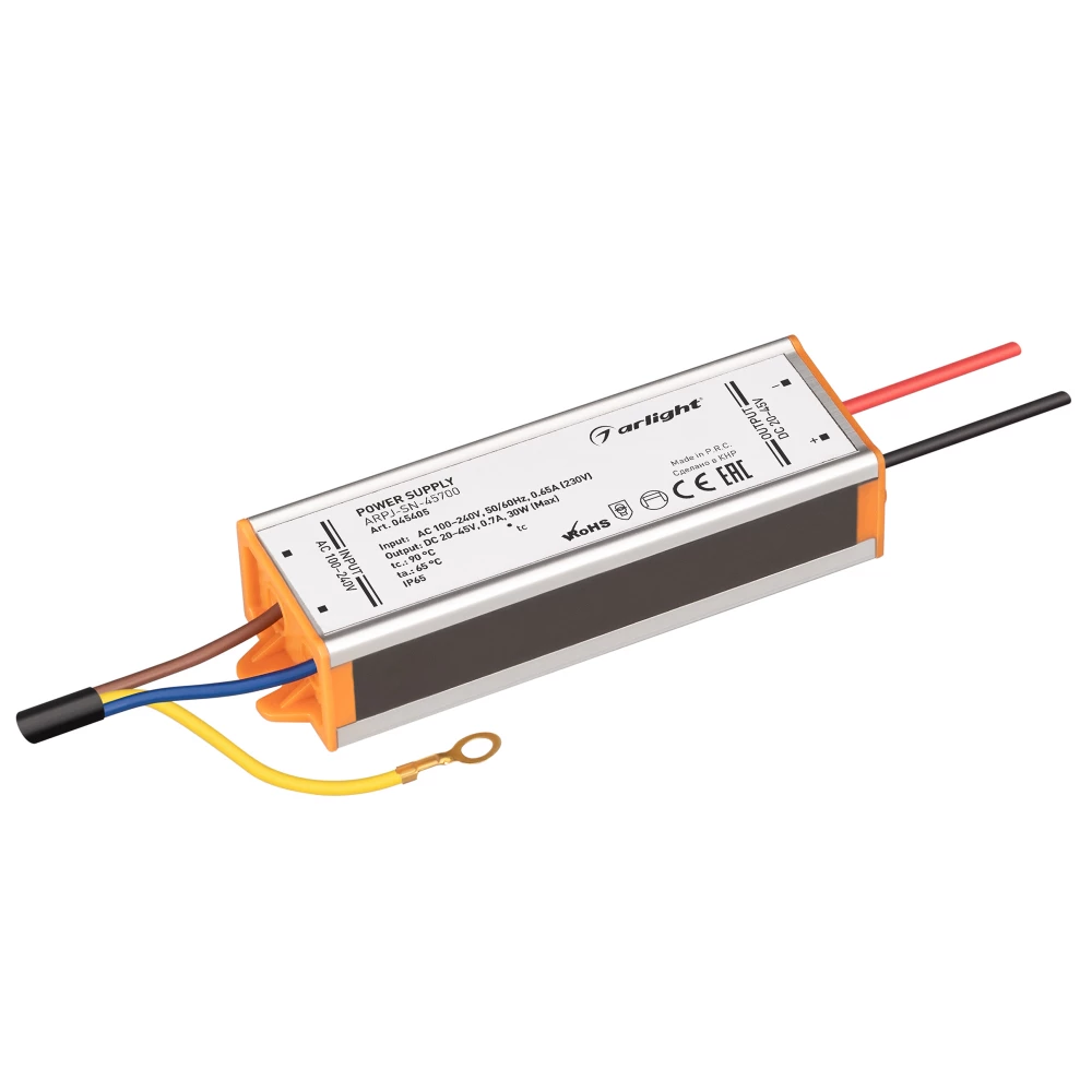 Блок питания ARPJ-SN-45700 (30W, 20-45V, 700mA) (Arlight, IP65 Металл, 3 года) 045405 - Viokon.com