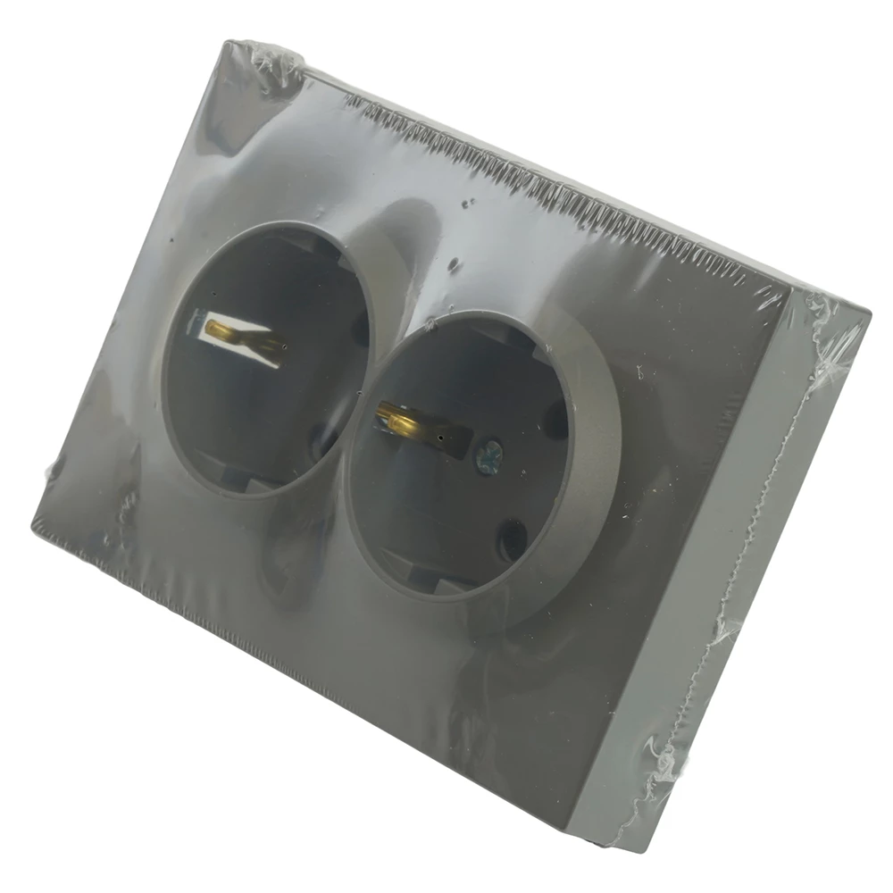 Розетка 2-местная с защитной шторкой, STEKKER, с/з, 250В, 16А, серия Эмили, RST16-5114-10, платиново-серый, soft touch (49960) - Viokon.com