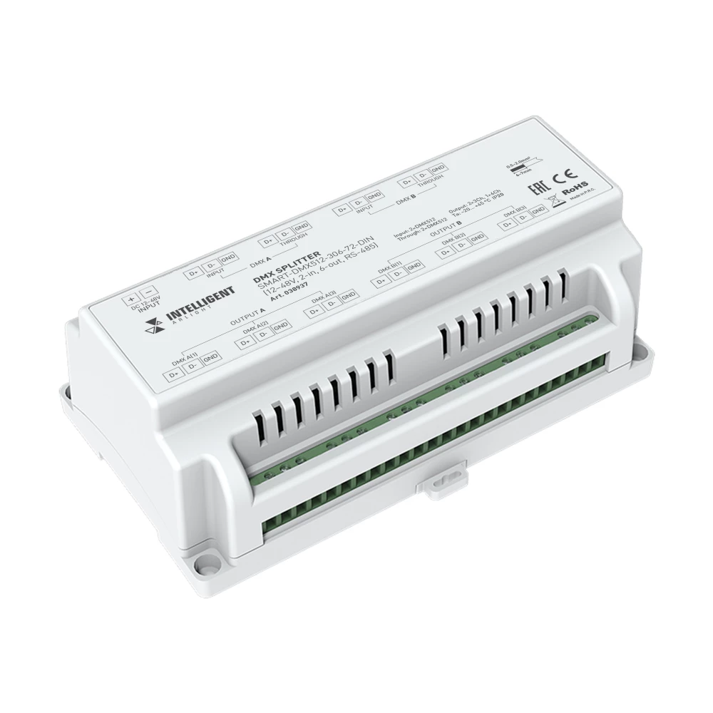 INTELLIGENT ARLIGHT Сплиттер SMART-DMX512-306-72-DIN (12-48V, 2-in, 6-out, RS-485) (IARL, IP20 Металл, 5 лет) 038937 - Viokon.com