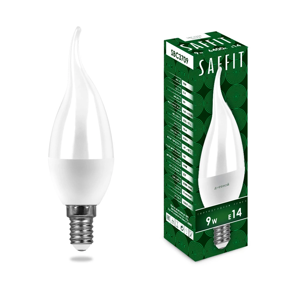 Лампа светодиодная SAFFIT SBC3709 Свеча на ветру E14 9W 230V 6400K (55173) - Viokon.com